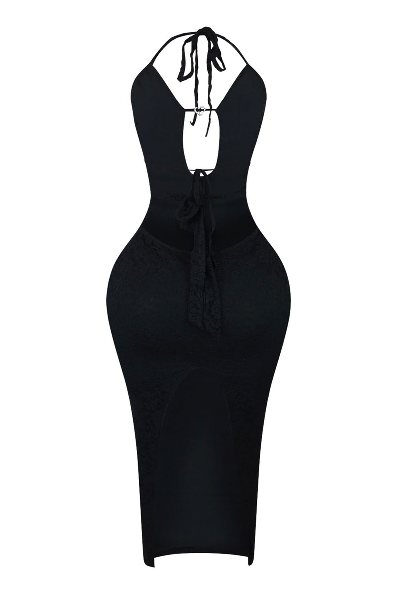 Lace Halter Asymmetrical Midi Dress