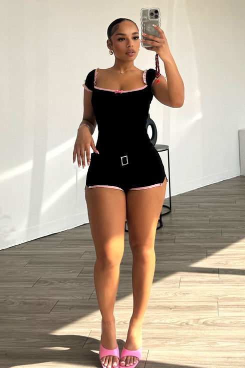 Unlock It Lace Trim Belted Romper