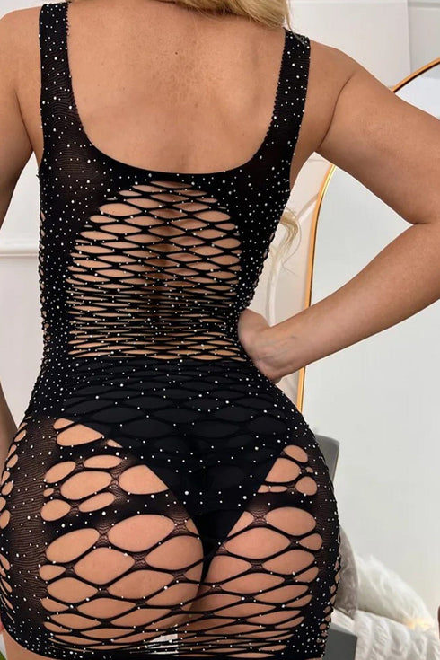 Elegant Rhinestone Fishnet Tank Lingerie Dress