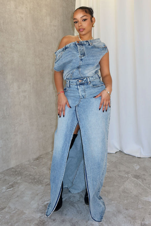 Sawyer Un Balanced Denim Maxi Dress Dresses EDGE Small Medium Wash