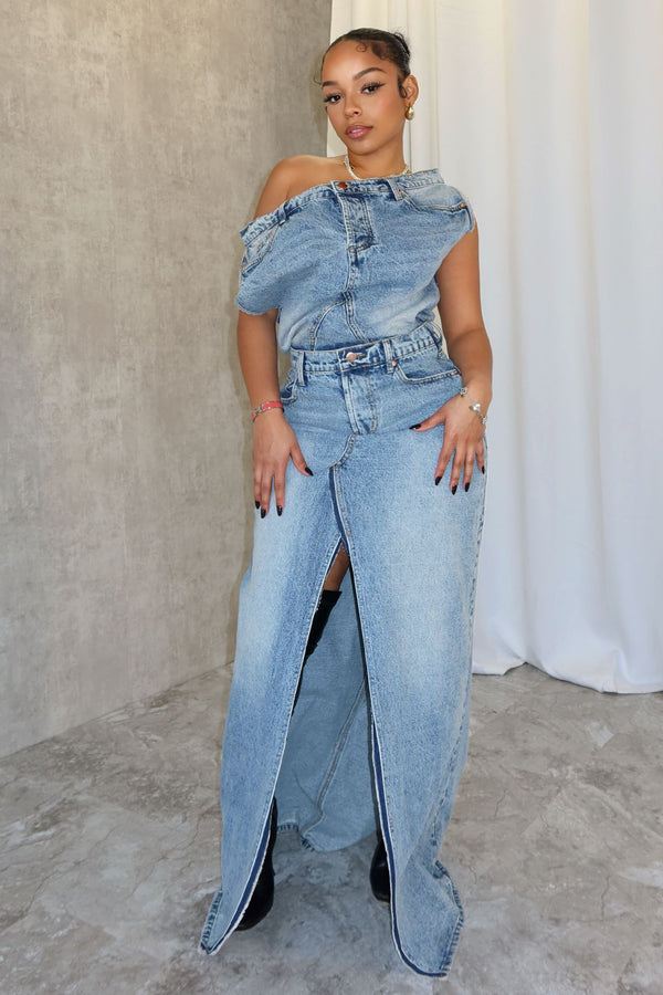 Sawyer Un Balanced Denim Maxi Dress Dresses EDGE Small Medium Wash