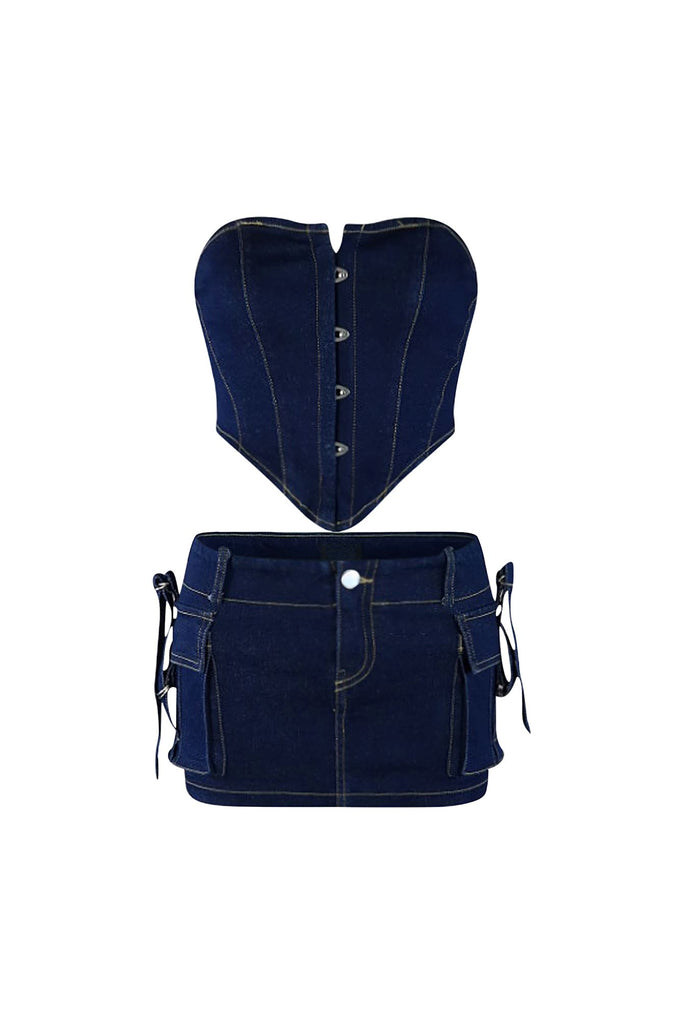 About It Denim Bustier Top & Skirt SET matching sets EDGE Small Blue 