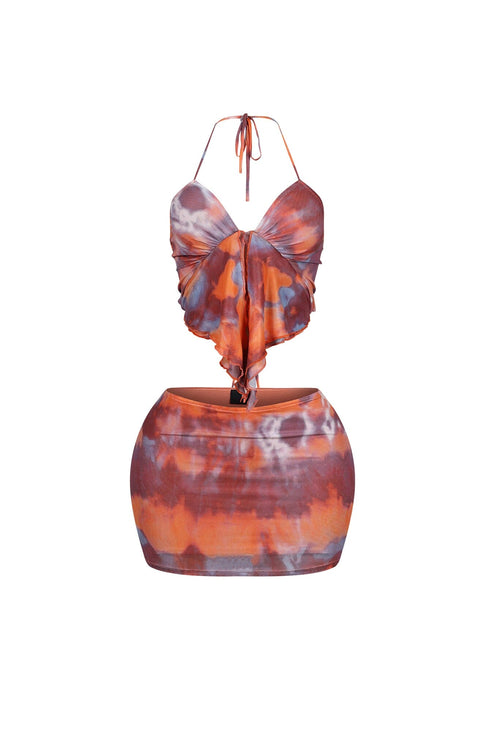 Solstice Mesh Print Halter Top & Skirt SET