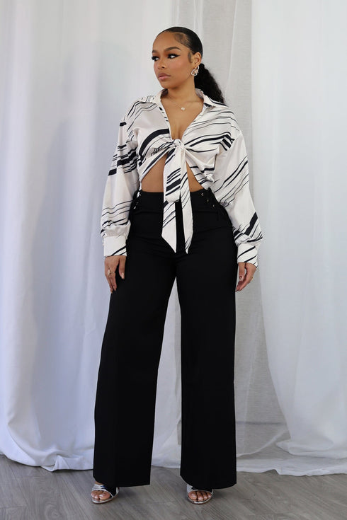 Tara Geo Printed Satin Tie Blouse