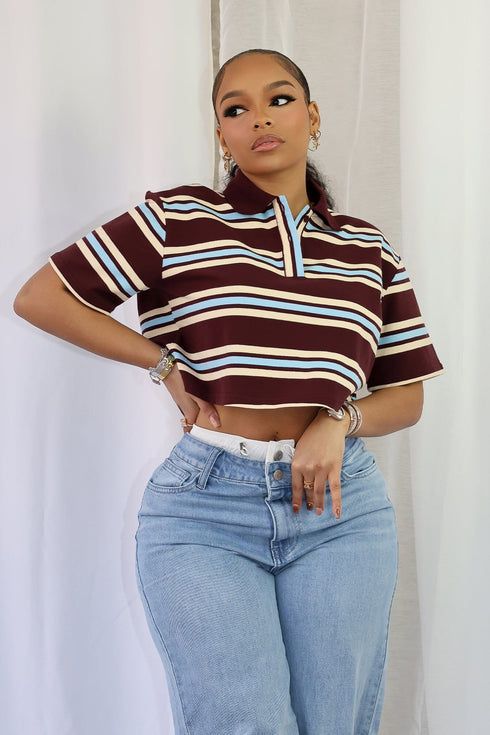 Sally Striped Collared Button Up Crop Top