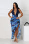 Fitted Mesh Printed Halter Maxi Dress