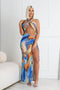 Blue Marble Printed Mesh Halter Dress
