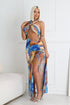 Blue Marble Printed Mesh Halter Dress
