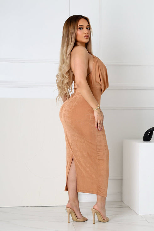 Truffle Slinky Cowl Neck Halter Midi Dress
