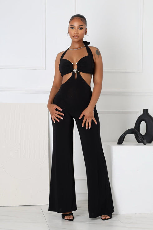 Equinox Cutout Halter Jumpsuit with Metal Trim
