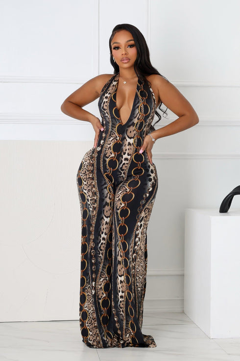 Baroque Blaze Printed Backless Jumpsuit
