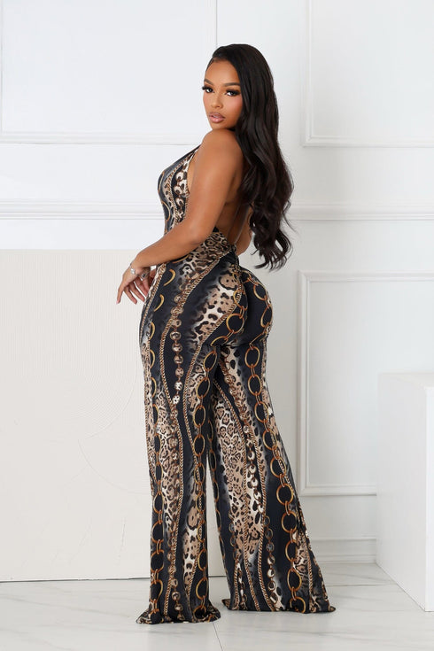 Baroque Blaze Printed Backless Jumpsuit