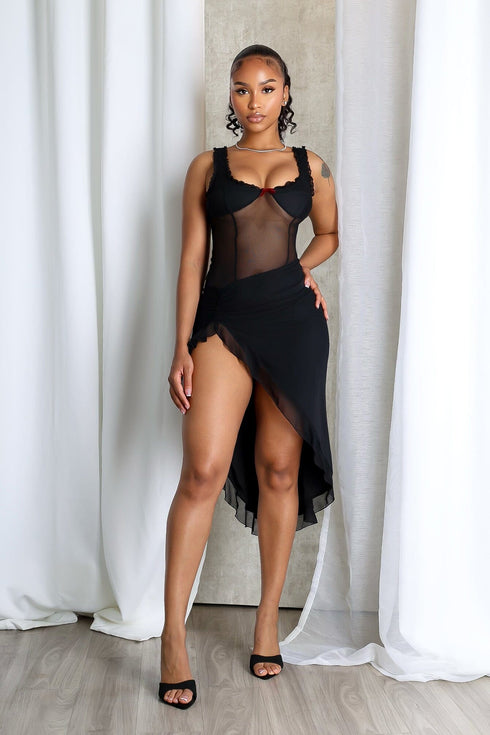 Tamiko Mesh Ruffle Trim Tank Midi Dress