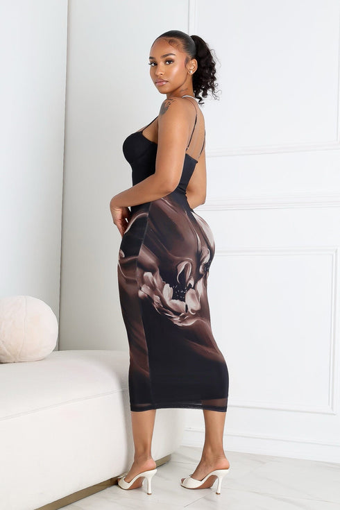 Camellia Floral Mesh Bustier Tank Midi Dress