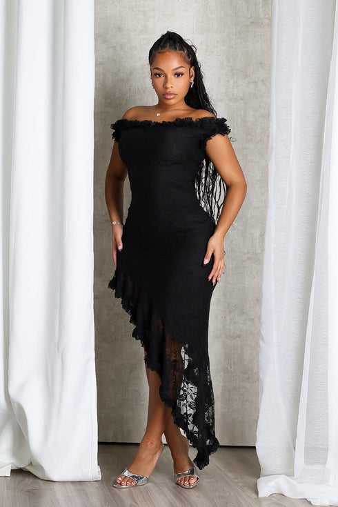 Asym Ruffle Muse Off Shoulder Midi Dress