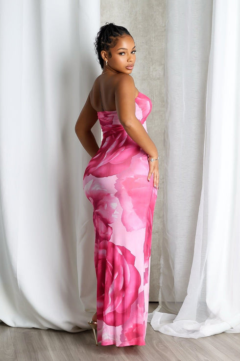 Powdery Floral Print Tube Maxi Dress