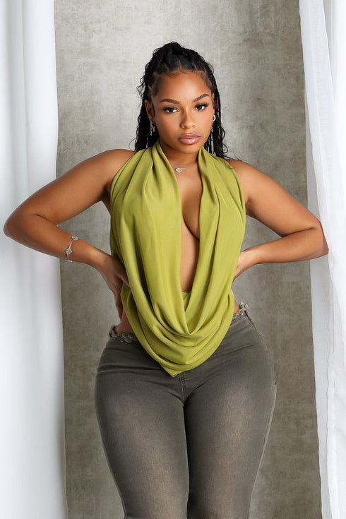 Cascading Mesh Cowl Neck Tie Top