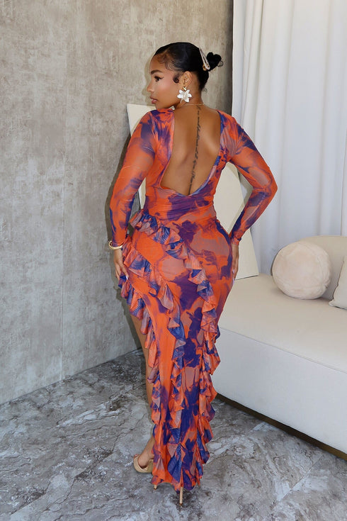 Crazy For U Print Mesh Ruffled V Back Maxi Dress