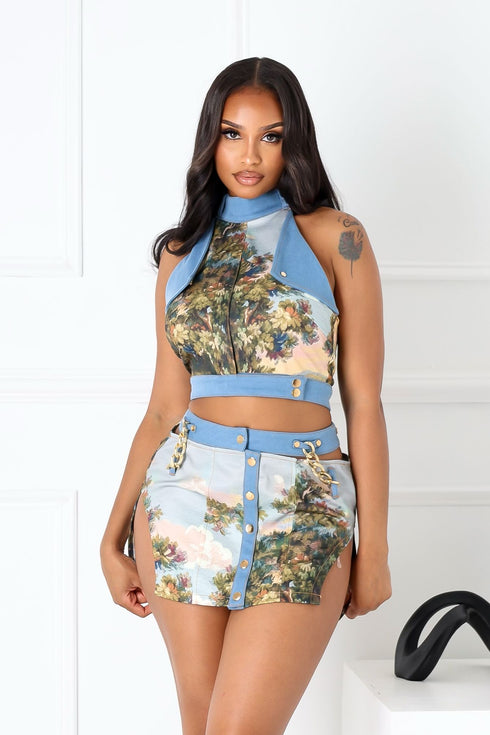 Florabound Denim Cutout Top & Skirt SET