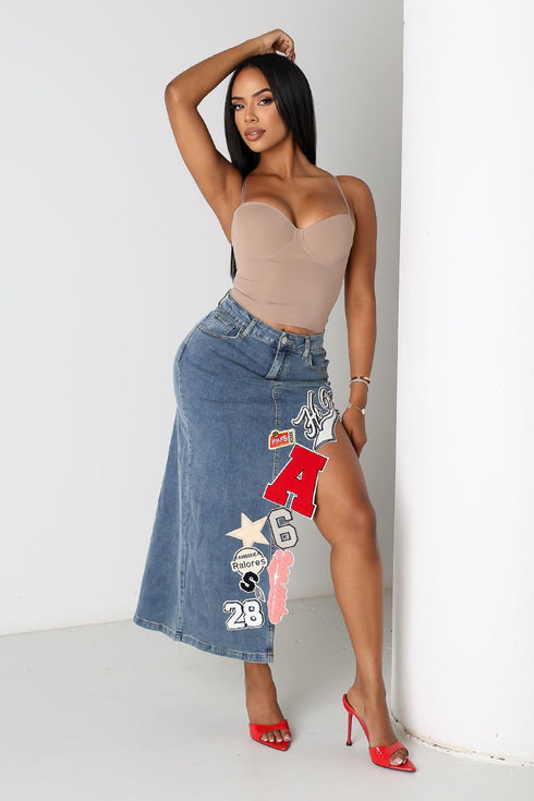 Pitch Perfect Patch Denim Skirt