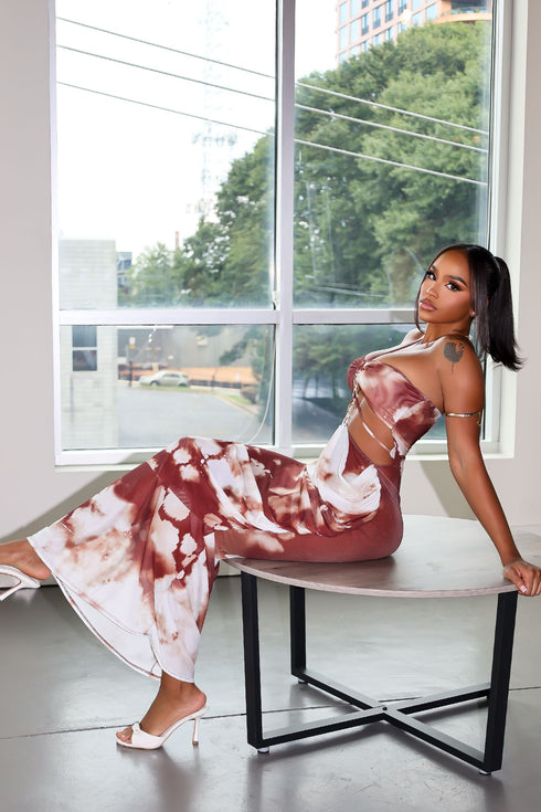 Rust Afterdark Mesh Print Halter Maxi Dress