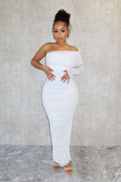 So Dramatic Mesh Ruched One Sleeve Dress