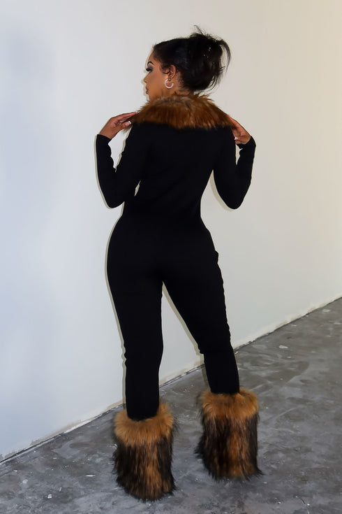 KS Power knit Jumpsuit With Fur Collar