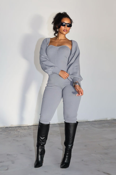 Clover Ribbed Knit Jumpsuit With Bolero SET