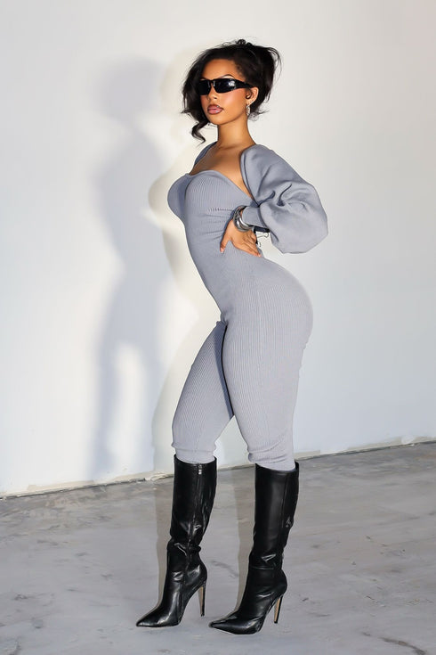 Clover Ribbed Knit Jumpsuit With Bolero SET