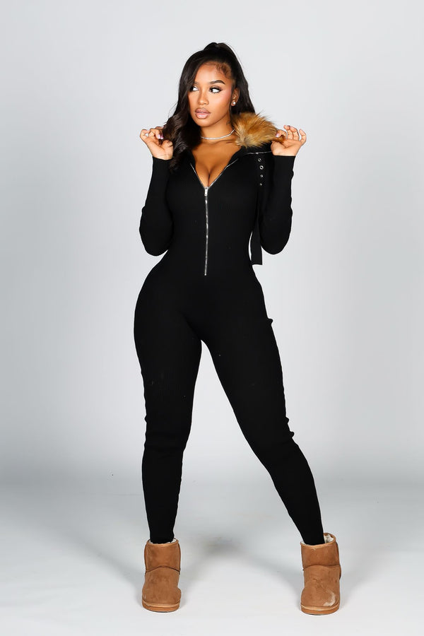 KS Power knit Jumpsuit With Fur Collar