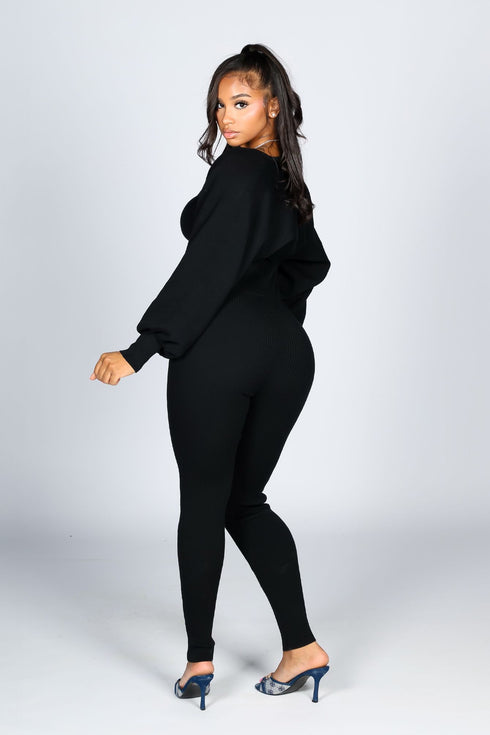 Clover Ribbed Knit Jumpsuit With Bolero SET