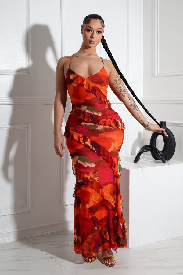 Jody Mesh Print Ruffle Maxi Dress