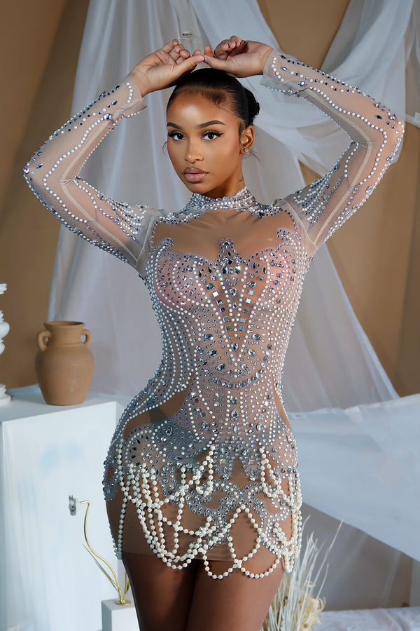 See Through Mesh Mini Dress With Pearl & Rhinestone