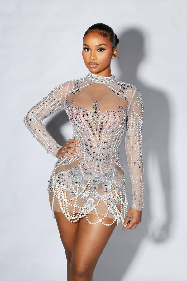 See Through Mesh Mini Dress With Pearl & Rhinestone