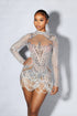 See Through Mesh Mini Dress With Pearl & Rhinestone