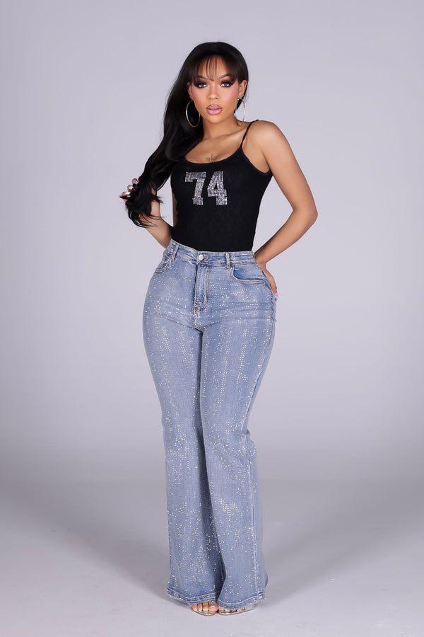 Opulent Rhinestone Flare Leg Denim Jeans