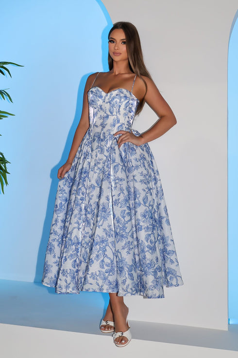 Riviera Bloom Corset Midi Dress