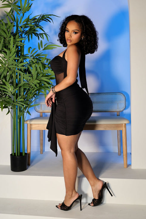 Noir Sash Drape Mini Dress