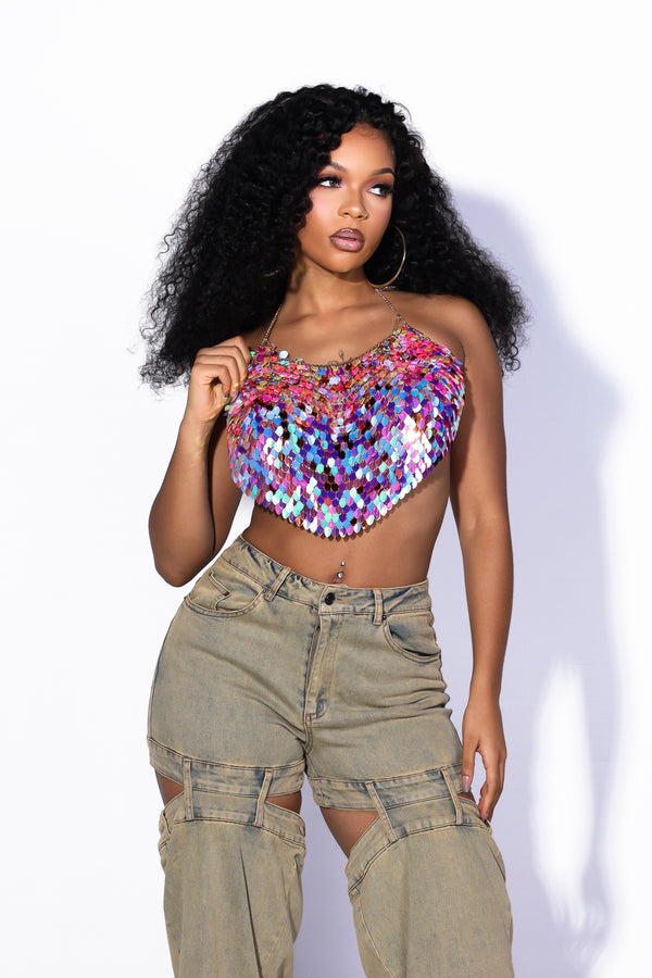 Mermaid Scale Chain Sequin Crop Top