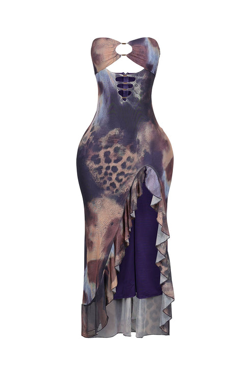 Leona Mesh Print Ruffle Tube Dress