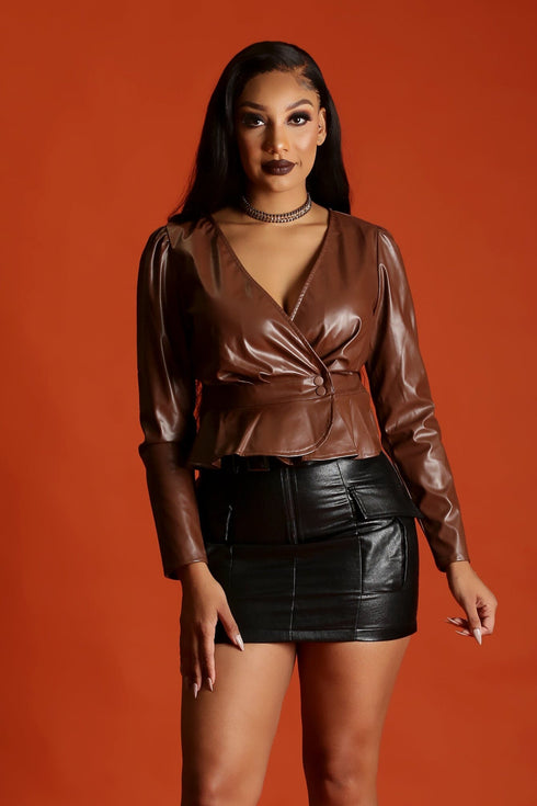 From Paris With Love Faux Leather Ruffle Bottom Jacket - Brown - KNOWSTYLE - EDGE - EDGEONLINESTORE