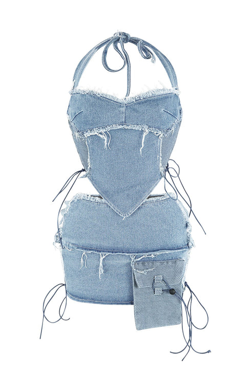 Takeover Denim Halter Top & Low Rise Skirt SET matching sets EDGE Small Light Wash