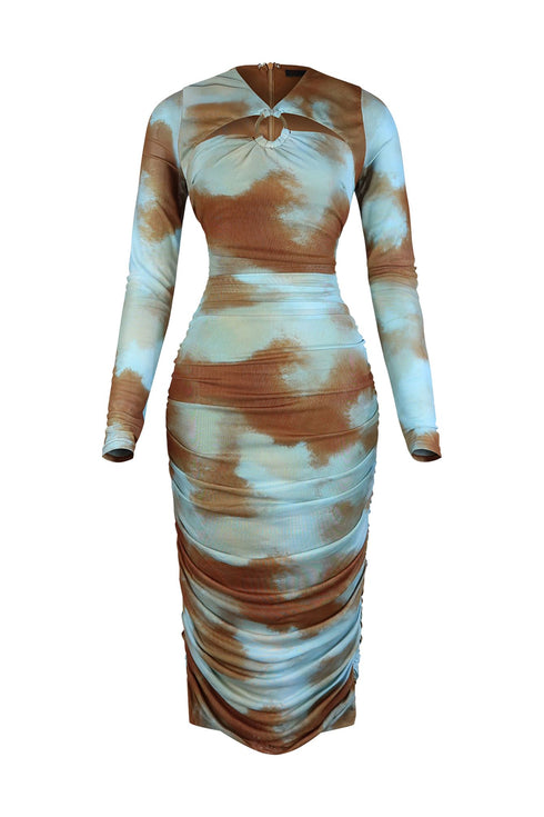 Mind Reader Ruched Print Mesh Dress Dresses EDGE Small Brown Combo