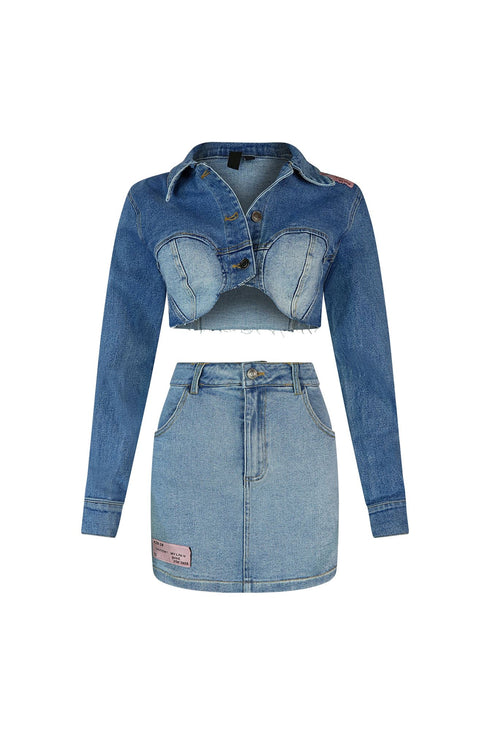 Everlie Denim Jacket & Skirt SET sets EDGE Small Denim