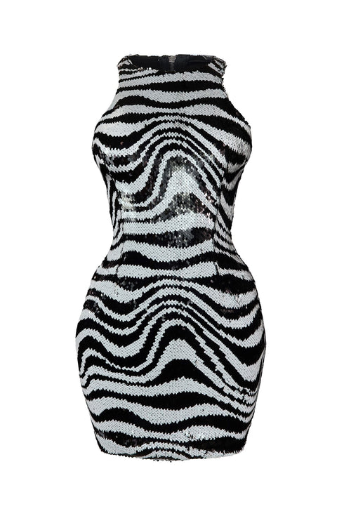 Follow Me Zebra Sequin Sleeveless Mini Dress Dress EDGE Small Black/White