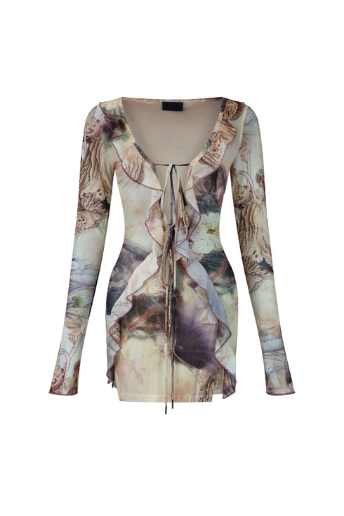 She's Here Ruffle Print Mesh Dress Dresses EDGE Small Purple