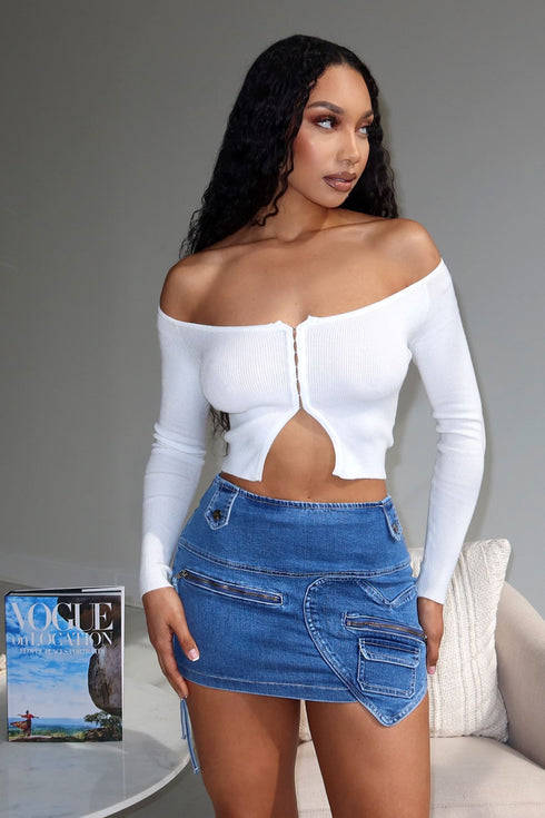 Queen of Hearts Mid Rise Denim Skirt - Medium Wash - EDGEbyKS