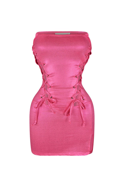 What is Love Lace Up Mini Dress Dress EDGE Small Neon Pink
