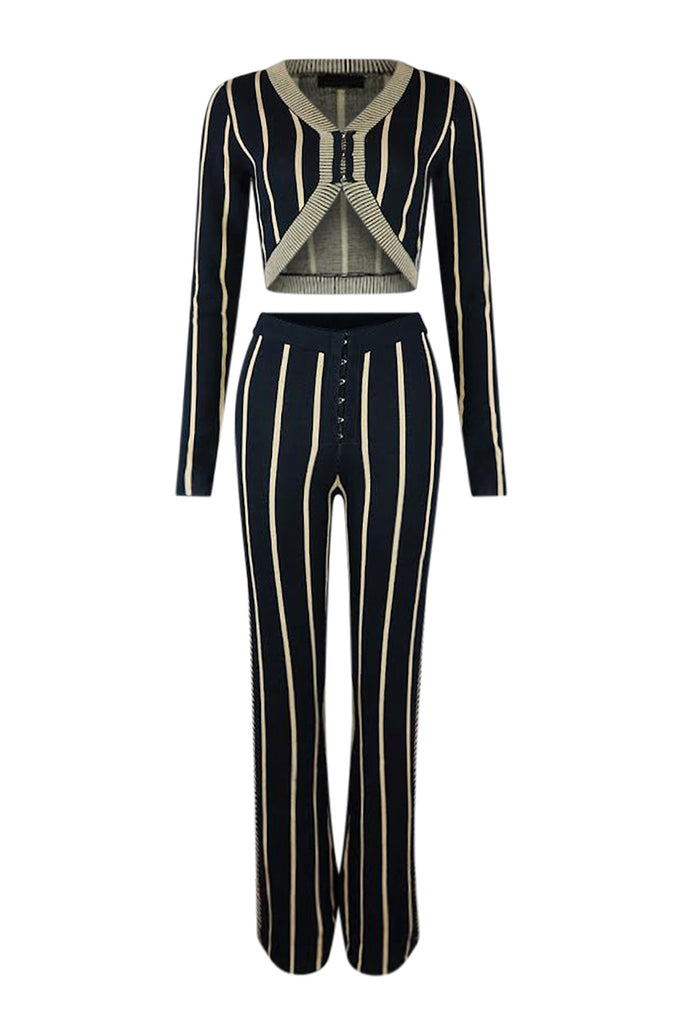 Striped Knit Crop Top & Wide Leg Pants SET matching sets EDGE Small Black/Khaki 