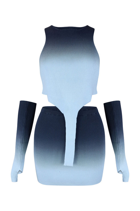 One More Chance Ombre Dye Knit Skirt SET With Arm Warmers matching sets EDGE Small Navy/Blue
